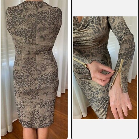 Cache Black & Gold Leopard Print Long Sleeve Cowl Neck   Cocktail Evening Dress - Picture 9 of 11